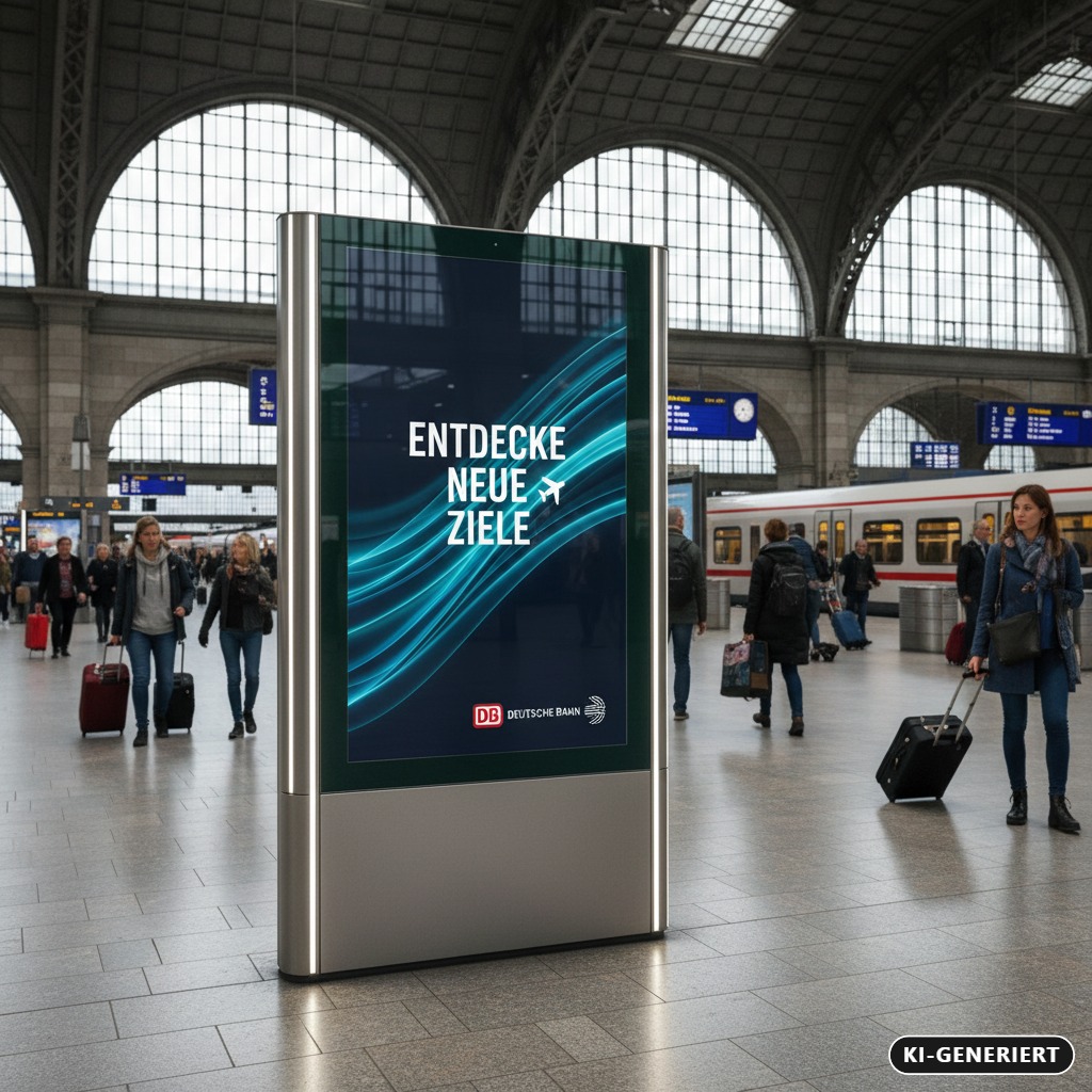 KI-generiert: Eine digitale Werbesäule der Deutschen Bahn mit der Aufschrift „Entdecke neue Ziele“ steht in einer belebten Bahnhofshalle.